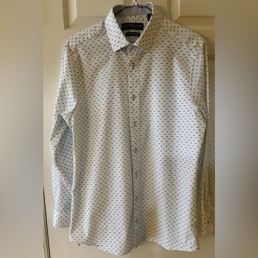 NICK GRAHAM MEN’S MODERN FIT STRETCH DRESS SHIRT. 15.5(32-33).white, blue, green